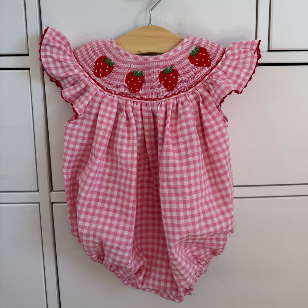 Pink Gingham Baby Romper with Strawberry Embroidery